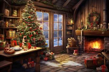 Fototapeta na wymiar Cozy christmas scene with decorations, a warming fireplace and a christmas tree, Happy christmas, full of seasons greetings