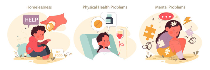 Uninvolved or neglectful fatherhood set. Absent dad showing a lack