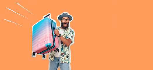 Funny portrait of an emotional jumping guy in a hat and Hawaiian shirt with a suitcase on wheels. Magazine style collage. Flyer with trendy colors, advertising copy space. Vacation and tourism concept - obrazy, fototapety, plakaty