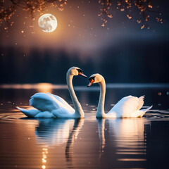 Pair of white swans swimming in a moonlit lake 