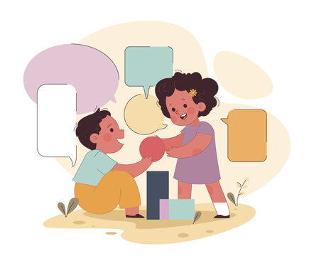 Little preschool girl and boy talking to each other on a playground