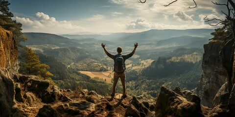 Happy man with arms up jumping on the top of the mountain - Successful hiker celebrating success on the cliff - Life style concept with young male climbing in the forest pathway | Generative AI - obrazy, fototapety, plakaty