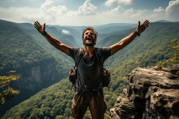 Happy man with arms up jumping on the top of the mountain - Successful hiker celebrating success on the cliff - Life style concept with young male climbing in the forest pathway | Generative AI - obrazy, fototapety, plakaty