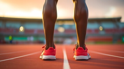 Gros plan sur les mollets d'un homme près à courir dans un stade de course à pied.  - obrazy, fototapety, plakaty