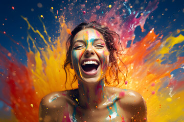 Fröhlich lachende Frau mit Farbe bestpritzt - obrazy, fototapety, plakaty