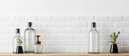 Fototapeta na wymiar Clean water bottles and sink on kitchen counter by white brick wall