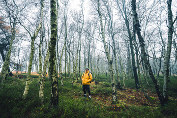 Young man with yellow winter jacket and hat, stands in birch beautifull forest with grass, during cold cloudy autumn day, Decin, Czech republic