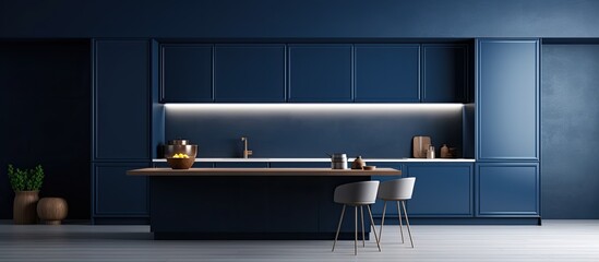 Contemporary kitchen with minimalist dark blue interior design