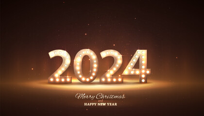 2024 New Year numbers with lamp bulb, retro style.