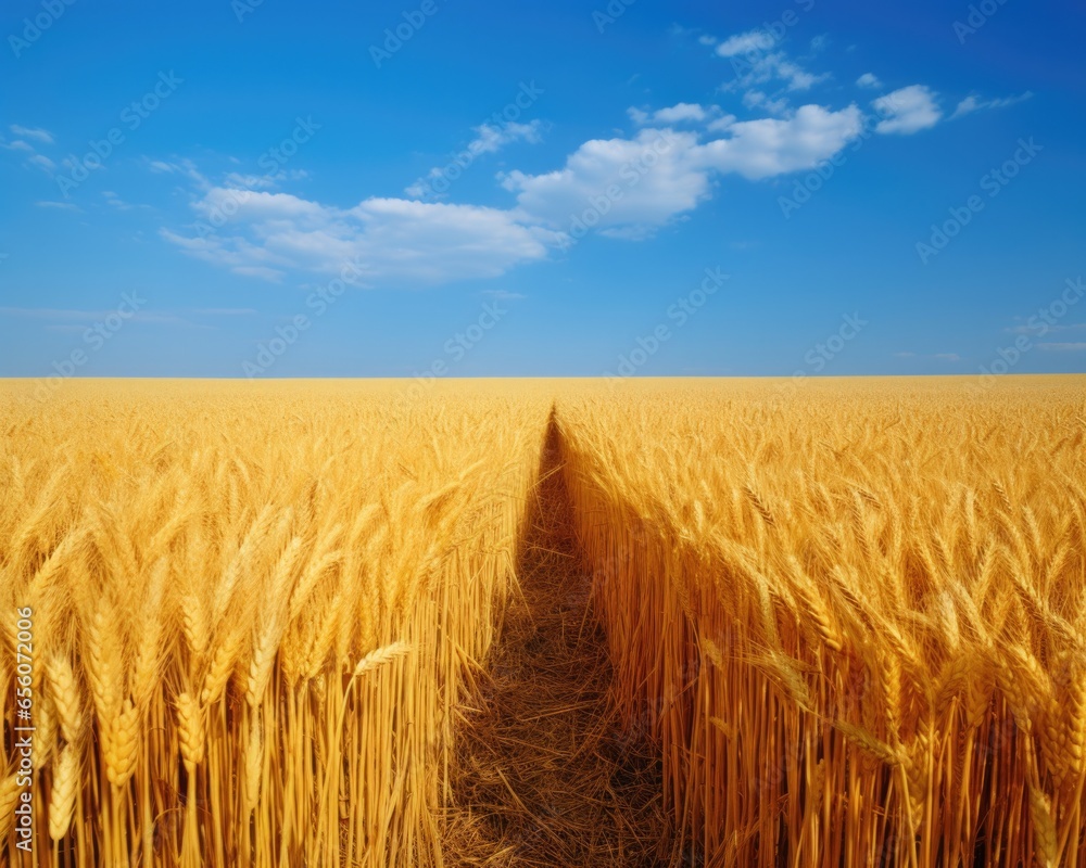 Poster A field of ripe wheat with a path in the middle. Generative AI.