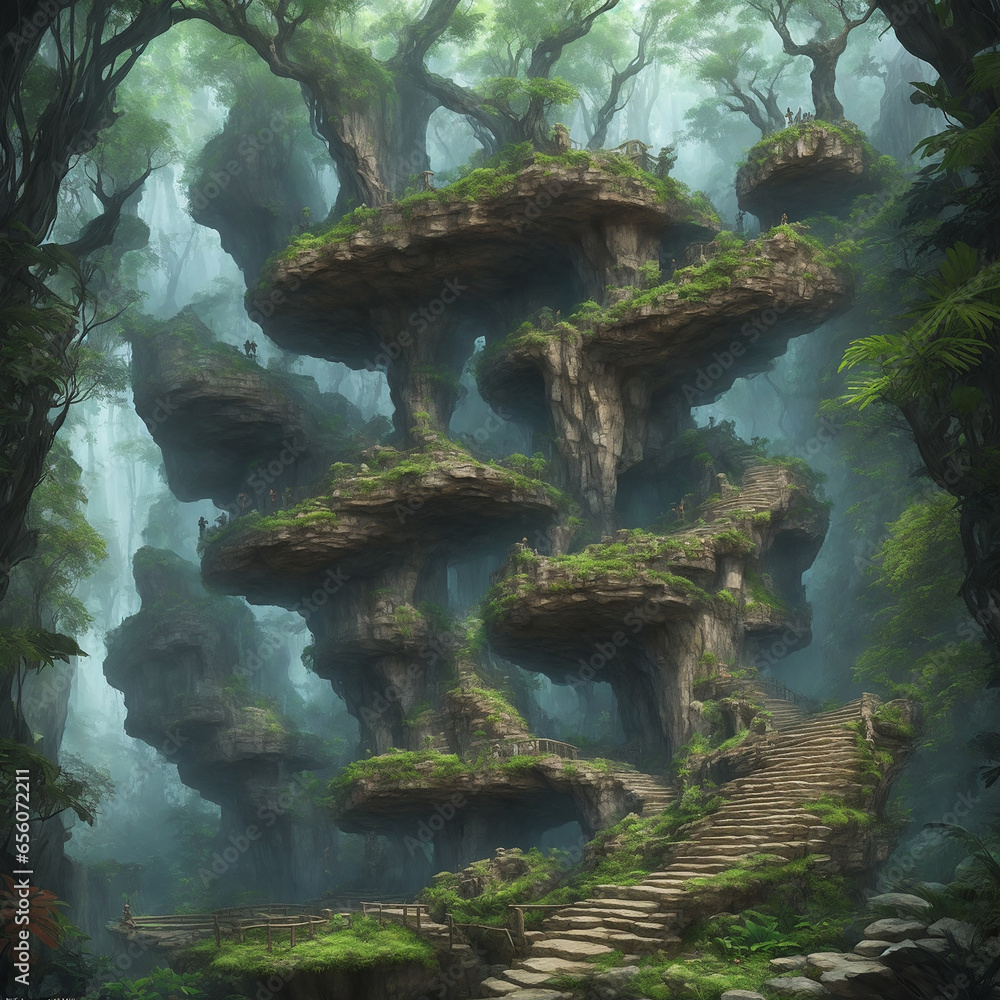 Poster a mystical rock formation with staircase concealed within a dense jungle - ai generative