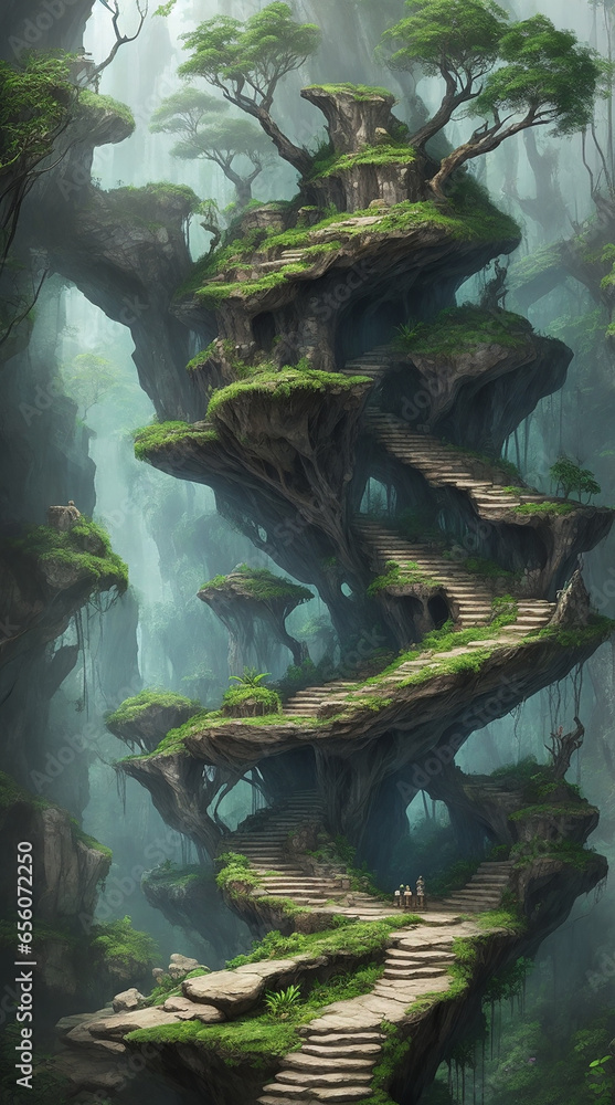 Poster a mystical rock formation with staircase concealed within a dense jungle - ai generative