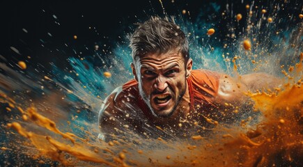 sportsman portrait, face of sportsman, close-up of sportsman on sport background, sportsman wallpaper - obrazy, fototapety, plakaty