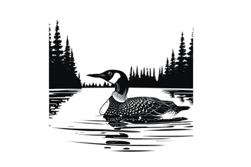 Loon Lake Serenity: A Vector Artwork of Tranquil Waters and Graceful Loons