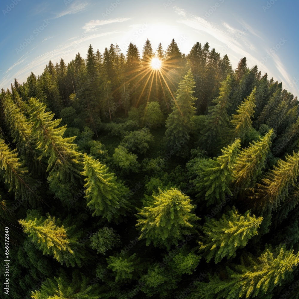 Poster the sun shines through the trees in the forest. arial view. generative ai.