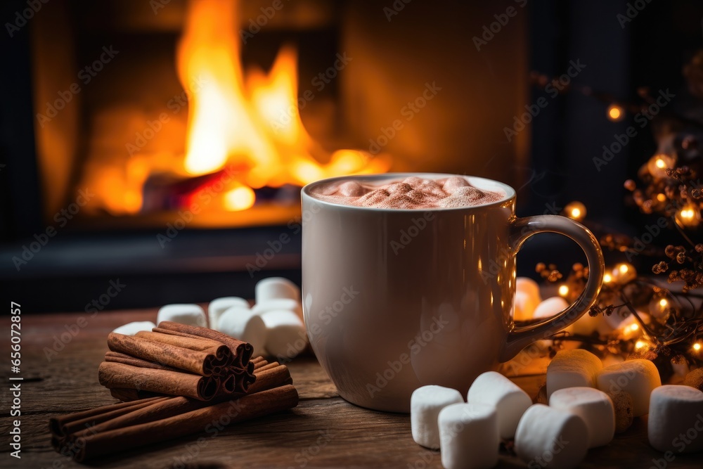 Sticker A cup of hot chocolate with marshmallows next to a fireplace. Generative AI.