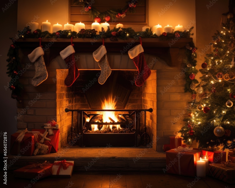 Poster a fireplace with a christmas tree and candles in front of it. generative ai.