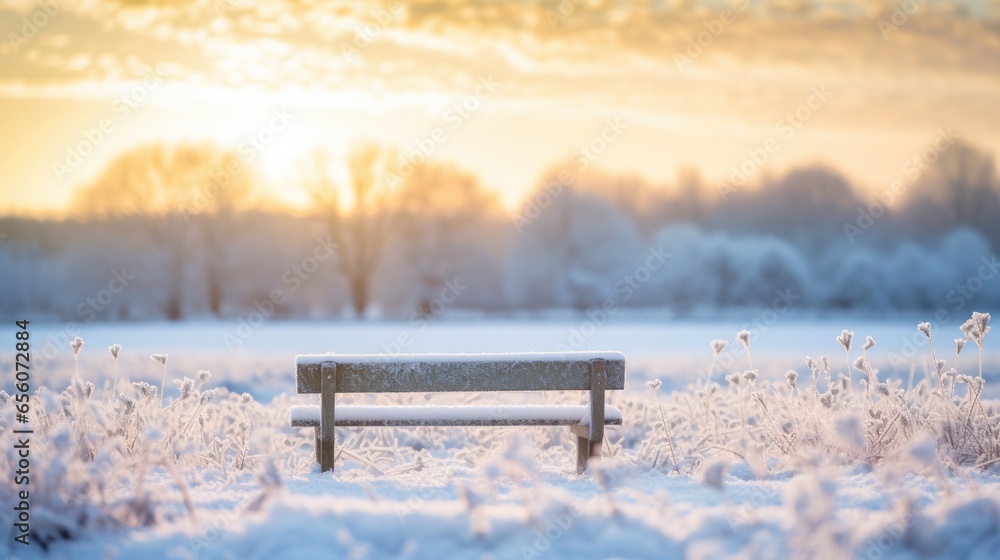 Poster a bench sitting in the middle of a snow covered field. generative ai.