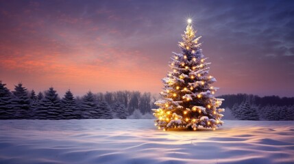 A christmas tree in the middle of a snowy field. Generative AI.