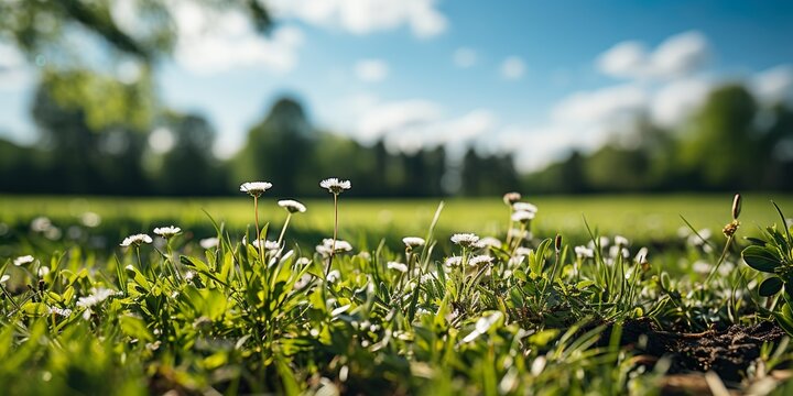 Beautiful blurred background image of spring nature with a neatly trimmed lawn surrounded by trees against a blue sky with clouds on a bright sunny day | Generative AI