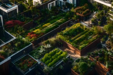 A rooftop garden with different styles of plants, artistically arranged - AI Generative
