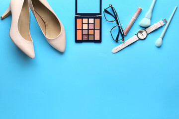Fototapeta premium Set of different female accessories and cosmetics on color background