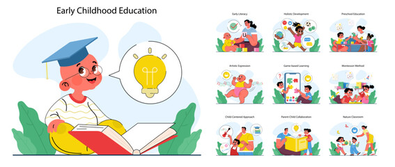 Early childhood education set. Kid preschool learning, playing