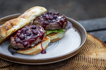 Huckleberry burgers served outdoors