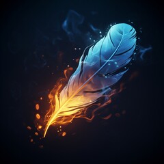 A colorful illustration of a mysterious feather enveloped in a blue and orange glow