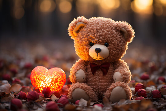 A brown teddy bear with a red bow tie sits on a bed of fallen leaves in a forest, bathed in the warm glow of a sunset and the light from a heart-shaped lantern.
