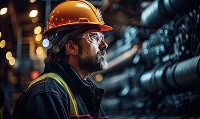 An image of an industrial engineer in a uniform, safety glasses and a hard hat.