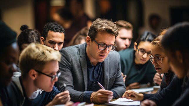 Image of man takes notes in a crowded lecture hall.