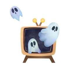 Fototapeta premium Funny cute ghosts fly out of old TV screen. Frightening watercolor illustration for Halloween isolated on transparent background. clipart and cutout hand drawn illustration