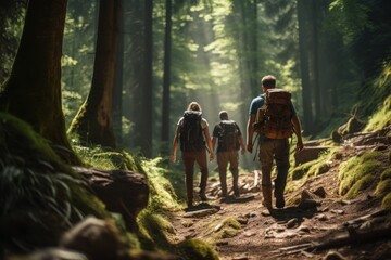 Hiking group with backpacks on a hike through a forest in Germany in summer Generative Ai - obrazy, fototapety, plakaty