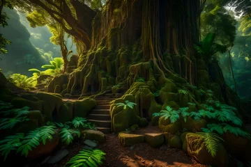 Poster Monde féerique A rugged rock formation emerges dramatically from the heart of a vibrant jungle - AI Generative  © Being Imaginative