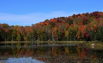 Lake Sommet along the bicycle trail in the Laurentian mountains in Autumn colours