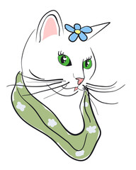 White cat with blue flower