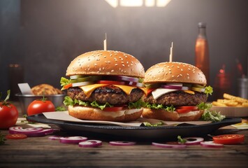 Grill burger, realistic 3d burgers falling in the air, grilled meat collection