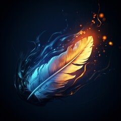 A colorful illustration of a mysterious feather enveloped in a blue and orange glow