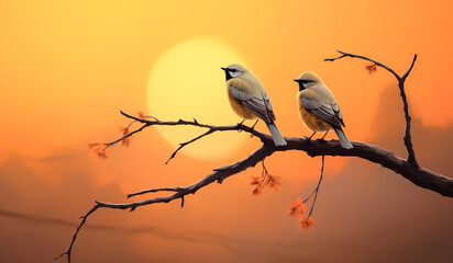 Birds on a branch at sunset. AI generated
