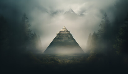 Unreal pyramidal landscape. AI generated