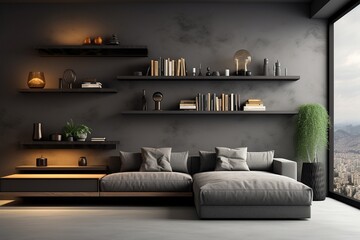 Modernes Wohnzimmer in Grautönen: Elegantes Sofa und stilvolle Wandregale