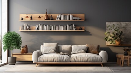 Modernes Wohnzimmer in Grautönen: Elegantes Sofa und stilvolle Wandregale - obrazy, fototapety, plakaty