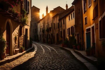 Fototapeta premium A worn-out, cobblestone alleyway in an ancient European town - AI Generative