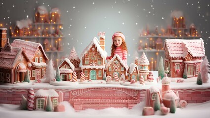 A girl smiles next to a big house made of candy
