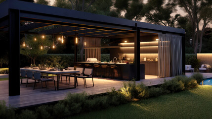 Modern patio / pergola design with kitchen and dining furniture at dusk, surrounded by green trees, bushes, green pavements and swimming pool