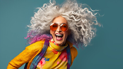Beautiful senior woman with long curly grey hair in colorful clothes laughing moving. Active lifestyle positive mindset fashion concept - obrazy, fototapety, plakaty
