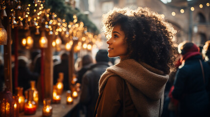 Smiling woman in illuminated city, surrounded by crowd at night. - obrazy, fototapety, plakaty