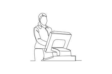 Single one line drawing of woman was check in online. Ground Crew Signaling To Airplane at the airport. Airport activity concept. Continuous line draw design graphic vector.