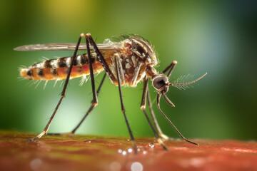 Close-up of a female mosquito landing on human skin and biting,
Mosquito-borne infections include viral diseases such as encephalitis, dengue fever, chikungunya fever, Zika virus, and malaria. - obrazy, fototapety, plakaty